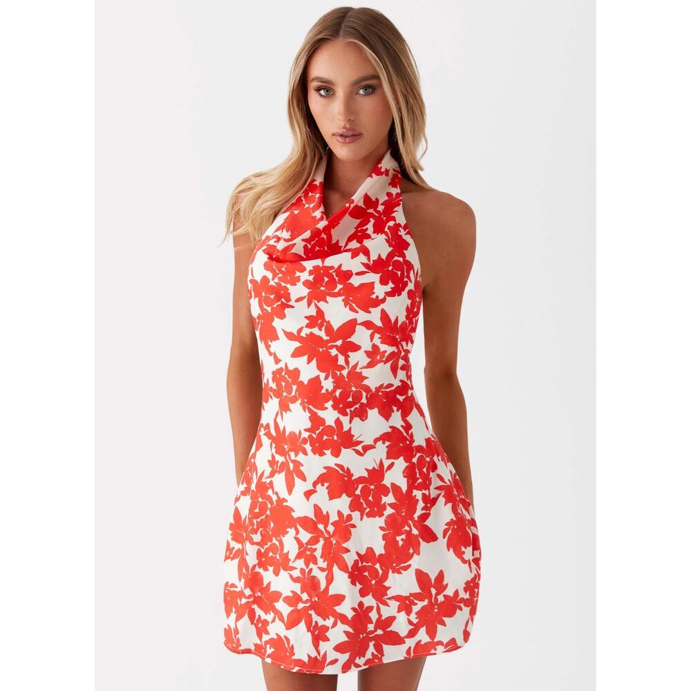 Peppermayo White Mini Dress with Red Floral Print